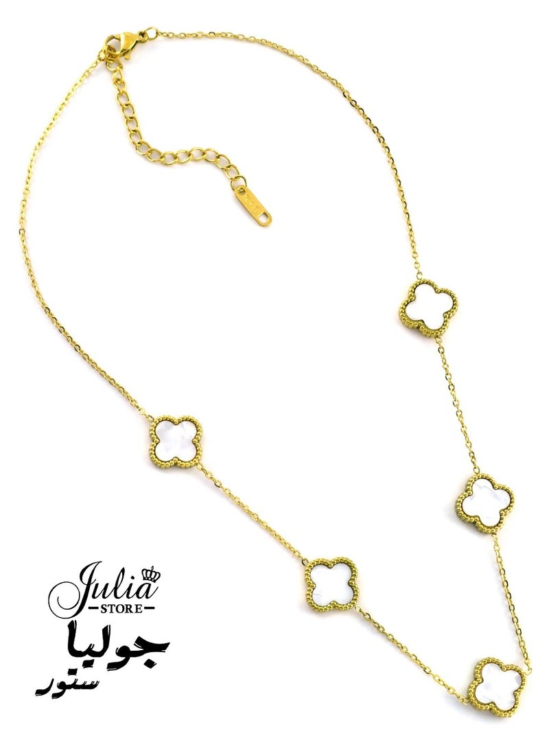 Julia Store 18K Gold Plated Stainless Steel Love Trendy Luxury Lucky Four Leaf Link Clover Choker Necklace for Women Necklace Jewelry Gifts for Women  - White - Image 1