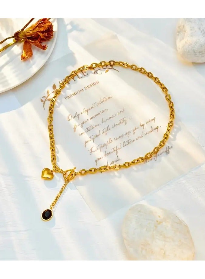A Golden Stainless Steel Accessory with an 18K Gold-Plated Chunky Chain, Oval Tassel Pendant, Heart OT Buckle, And Titanium Steel Metal Necklace, Perfect for Creative, Stylish, And Trendy Looks. It'S Versatile for Everyday Wear, Street Gatherings, And Festive Parties, Making It an Ideal Gift for Women.