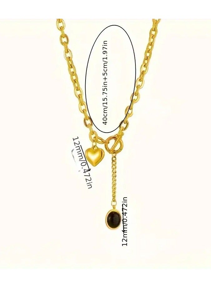 A Golden Stainless Steel Accessory with an 18K Gold-Plated Chunky Chain, Oval Tassel Pendant, Heart OT Buckle, And Titanium Steel Metal Necklace, Perfect for Creative, Stylish, And Trendy Looks. It'S Versatile for Everyday Wear, Street Gatherings, And Festive Parties, Making It an Ideal Gift for Women.