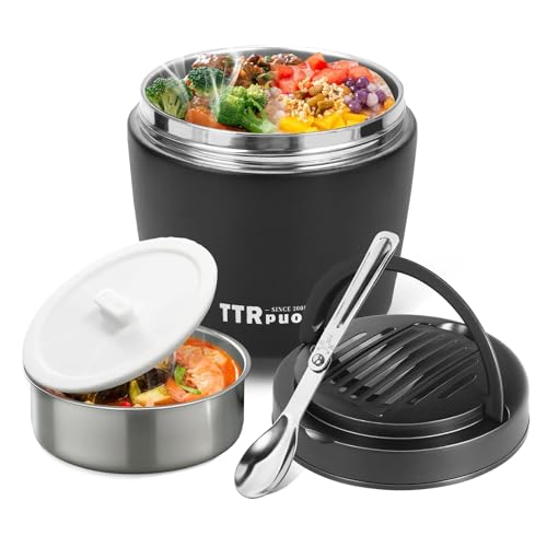 TTrpuon 40oz Insulated Lunch Thermo for Adults, Stainless Steel Hot Food Jar for Work, Leakproof Wide Mouth Soup Container with Folding Spoon(Ink Black) - Image 1