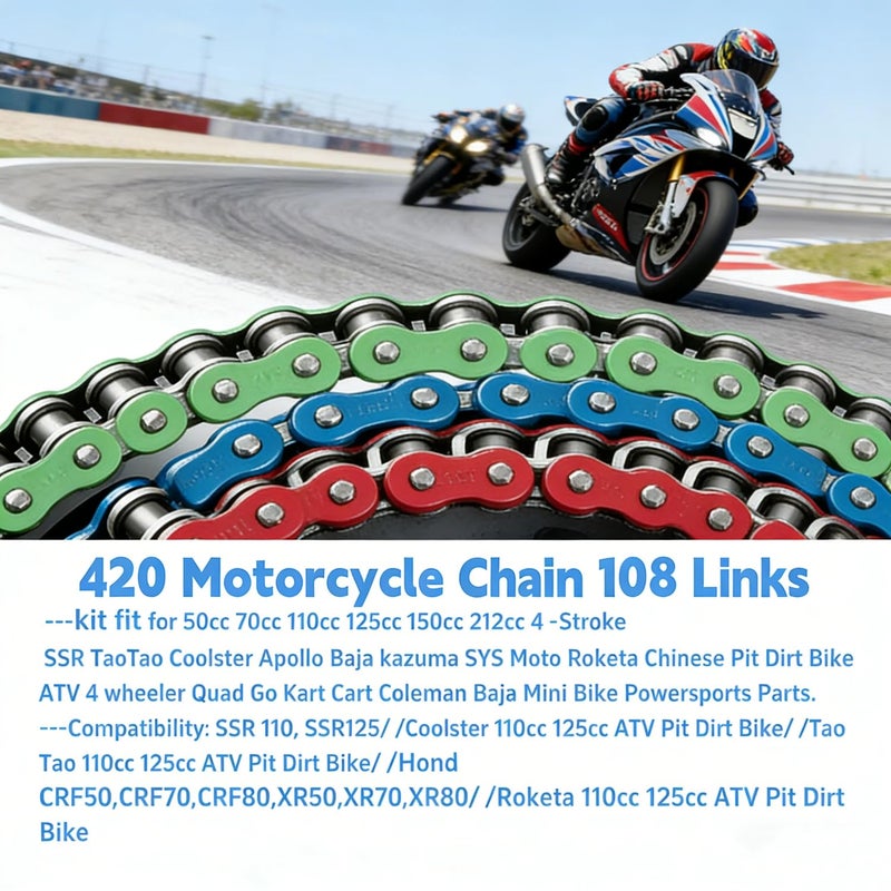 DREAM MOTION Motorcycle 420 Chain 108 Links Anti-Rust Coating Drive Chain Powersports Parts for Honda Kawasaki Yamaha 125cc ~ 250cc SSR ATV Street Bike All-Road Dirt Pit Bike Accessories (Blue) - Image 4