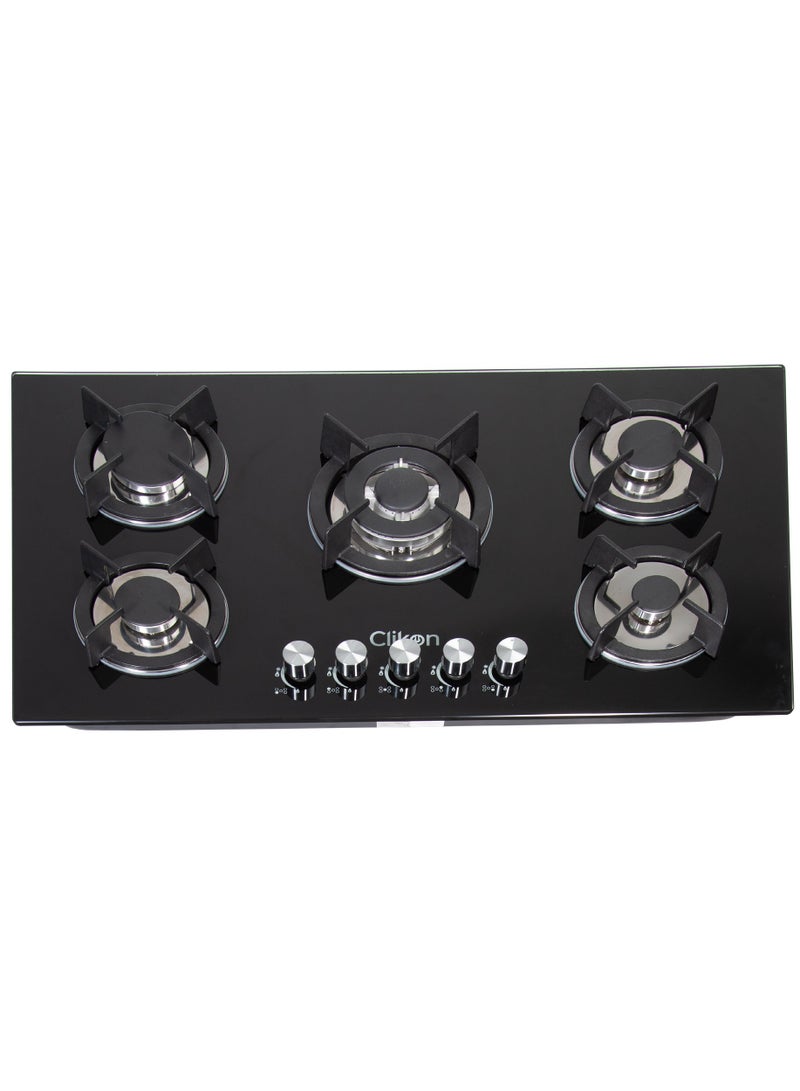Clikon 5 Burner Stainless Steel Glass Top Gas Hob – Premium Kitchen Cooktop with High Efficiency and Sleek Design CK4297 black - Image 1