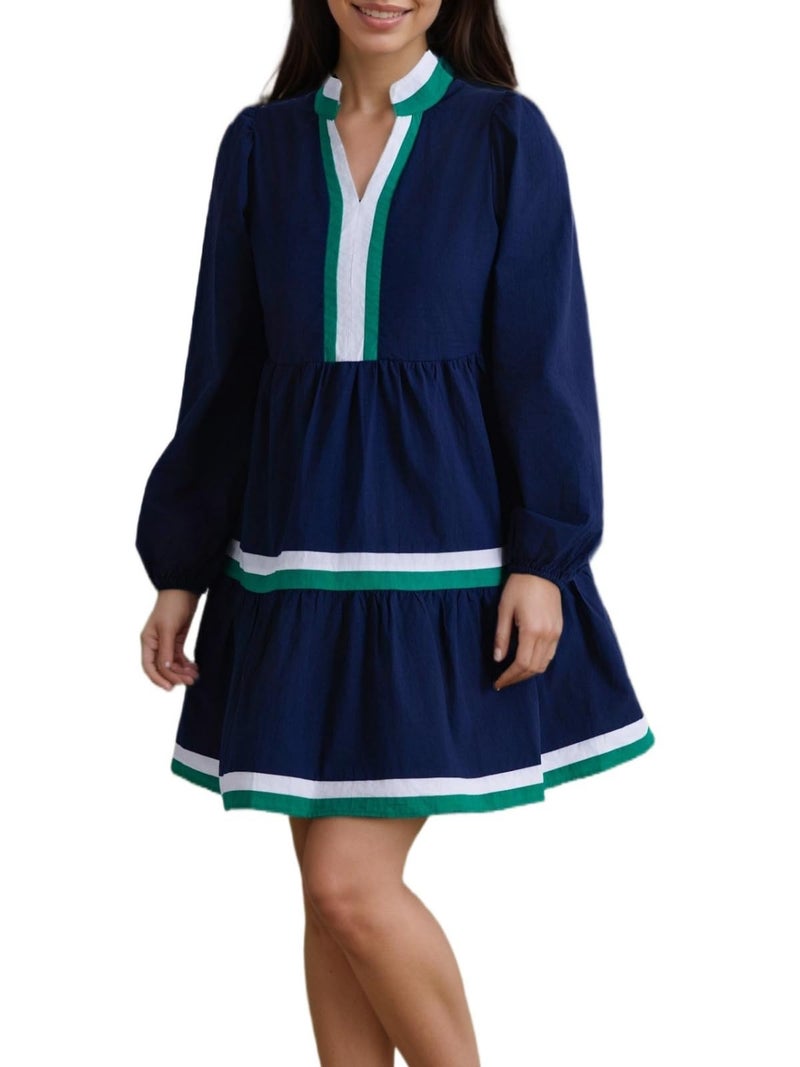 LifeShe Womens Puff Long Sleeve Babydoll Dress V Neck Navy Blue Striped Color Block Tiered Mini Dresses - Image 4