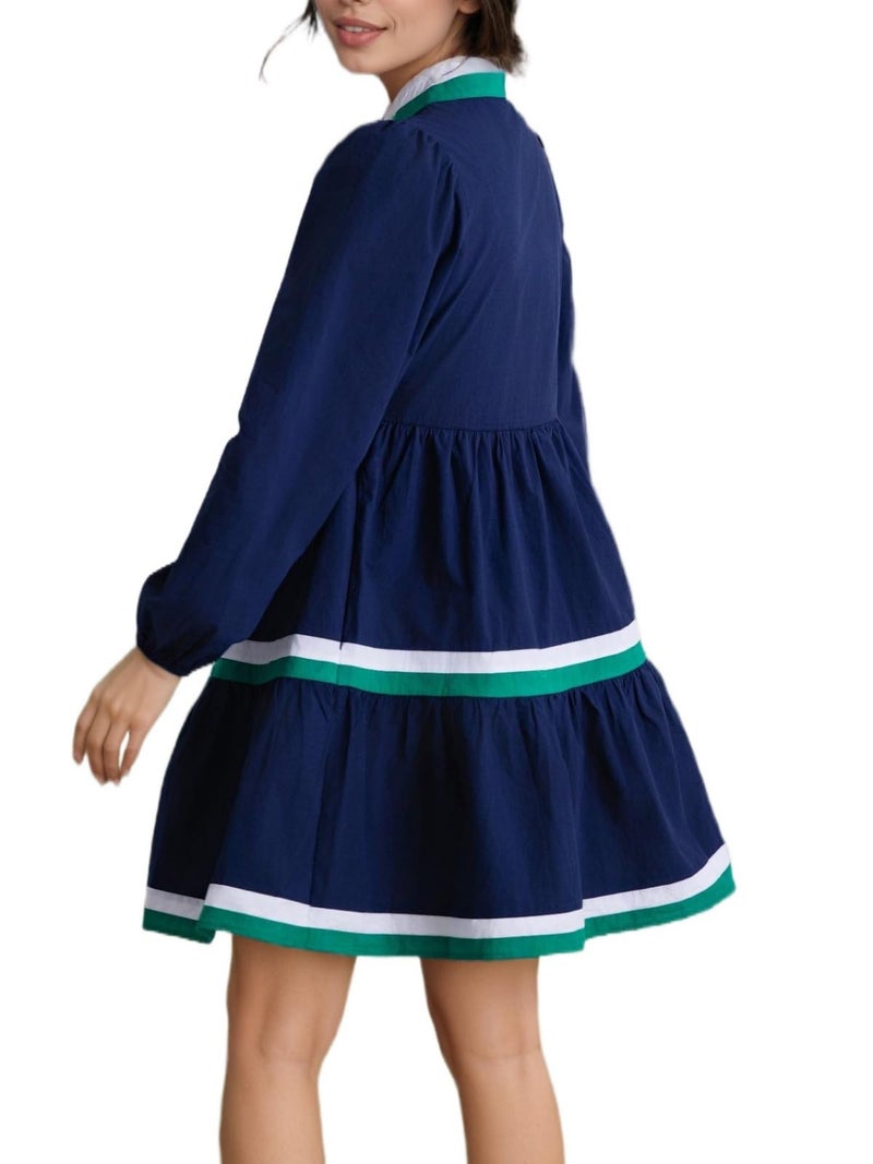 LifeShe Womens Puff Long Sleeve Babydoll Dress V Neck Navy Blue Striped Color Block Tiered Mini Dresses - Image 5