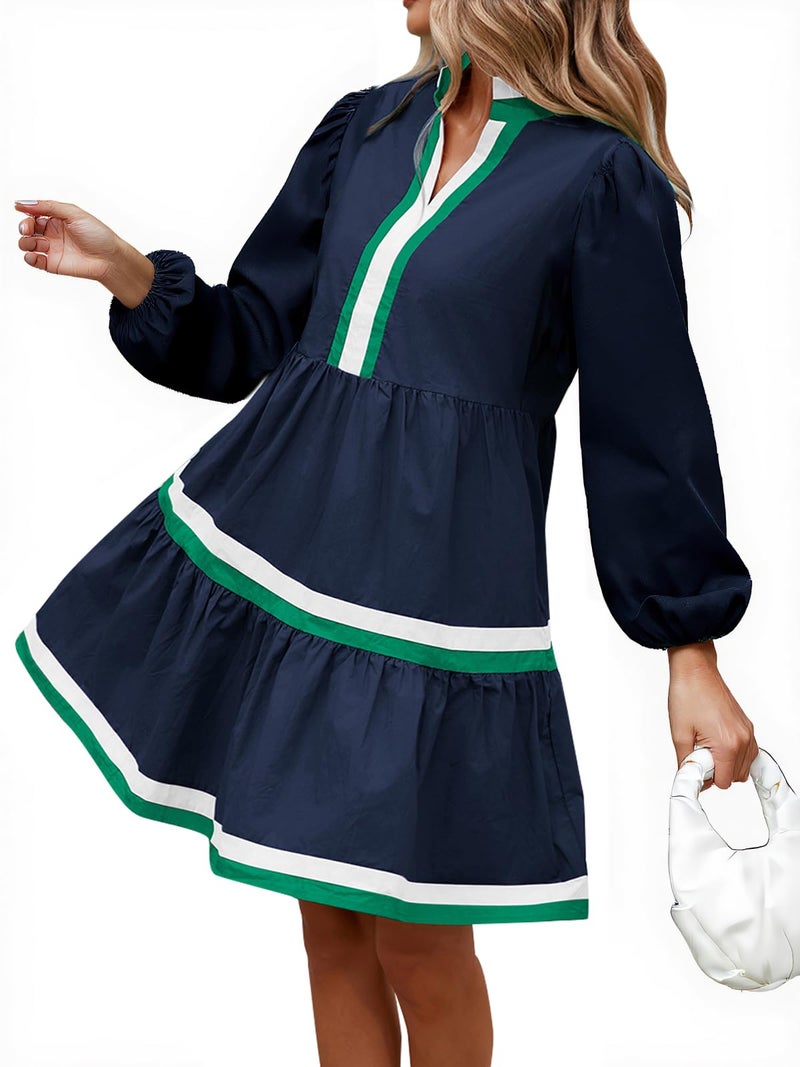 LifeShe Womens Puff Long Sleeve Babydoll Dress V Neck Navy Blue Striped Color Block Tiered Mini Dresses - Image 1