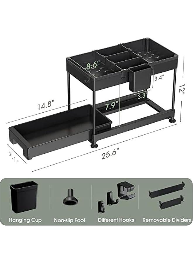 HOOKOR Under Sink Organizer, Sliding Cabinet Basket Organizer 2 Tier Under Bathroom Storage Rack with Hooks, Hanging Cup, Dividers, Multi-purpose Storage Shelf for Bathroom Kitchen (Black)  - Image 2
