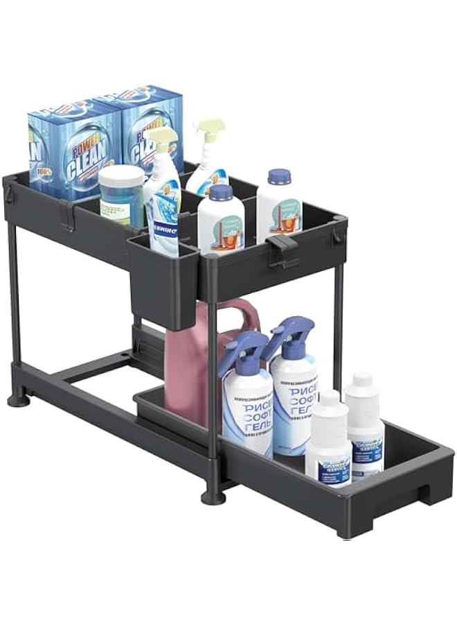 HOOKOR Under Sink Organizer, Sliding Cabinet Basket Organizer 2 Tier Under Bathroom Storage Rack with Hooks, Hanging Cup, Dividers, Multi-purpose Storage Shelf for Bathroom Kitchen (Black)  - Image 3
