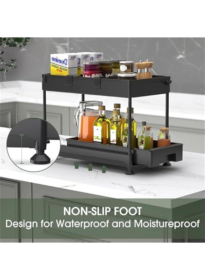 HOOKOR Under Sink Organizer, Sliding Cabinet Basket Organizer 2 Tier Under Bathroom Storage Rack with Hooks, Hanging Cup, Dividers, Multi-purpose Storage Shelf for Bathroom Kitchen (Black)  - Image 4