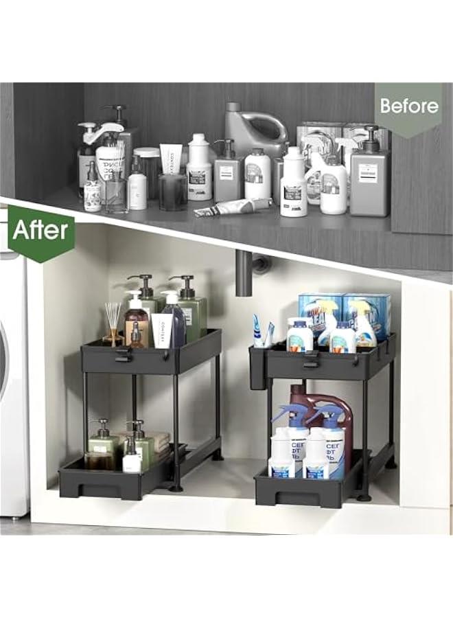 HOOKOR Under Sink Organizer, Sliding Cabinet Basket Organizer 2 Tier Under Bathroom Storage Rack with Hooks, Hanging Cup, Dividers, Multi-purpose Storage Shelf for Bathroom Kitchen (Black)  - Image 5