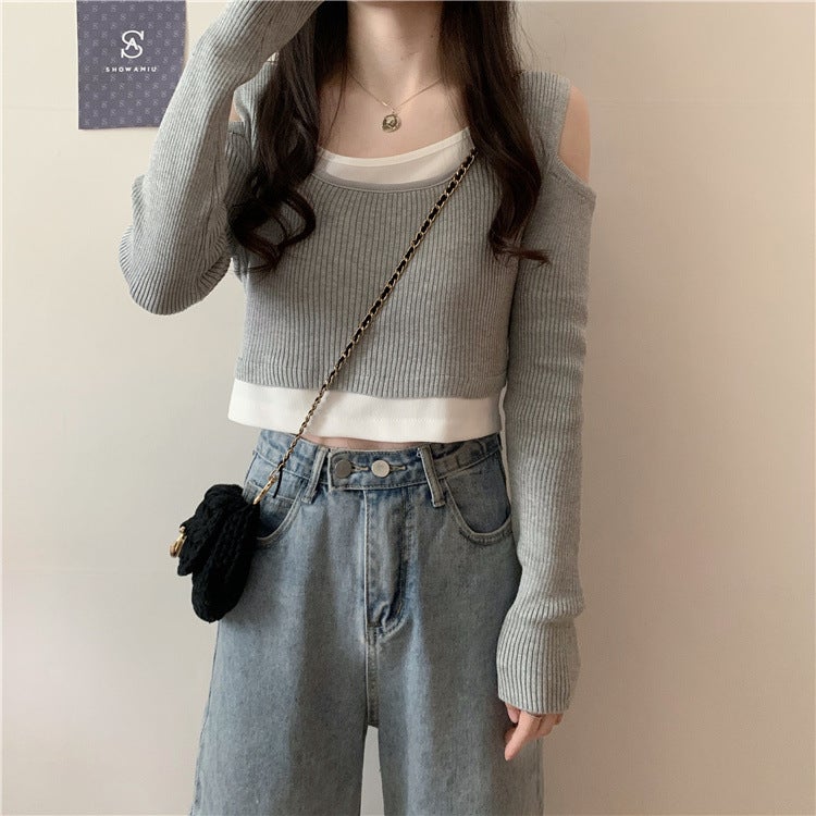 Short Design Niche Knitwear Long-Sleeved Bottoming T-Shirt Off-Shoulder Slim Fake Two-Piece Top