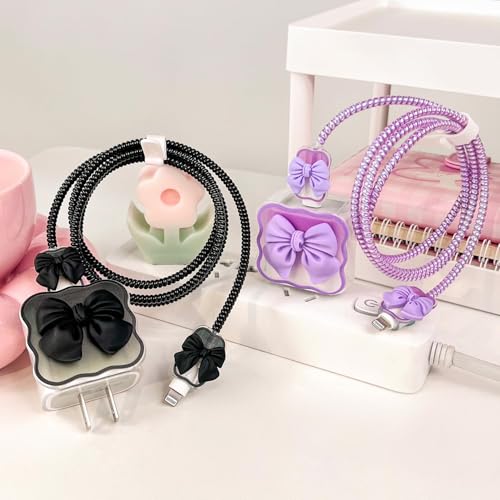 CERLINK for Apple 18W/20W Charger Cover Cable Protector | 5 in 1 Transparent Charger Case Compatible with iPhone Chargers 18W & 20W Full Charger Protection (Black Bow) - Image 4