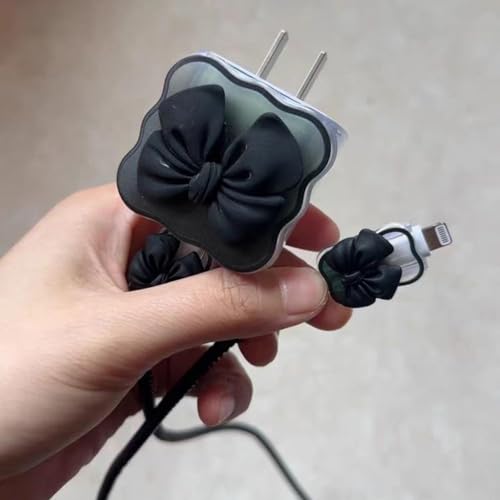 CERLINK for Apple 18W/20W Charger Cover Cable Protector | 5 in 1 Transparent Charger Case Compatible with iPhone Chargers 18W & 20W Full Charger Protection (Black Bow) - Image 3