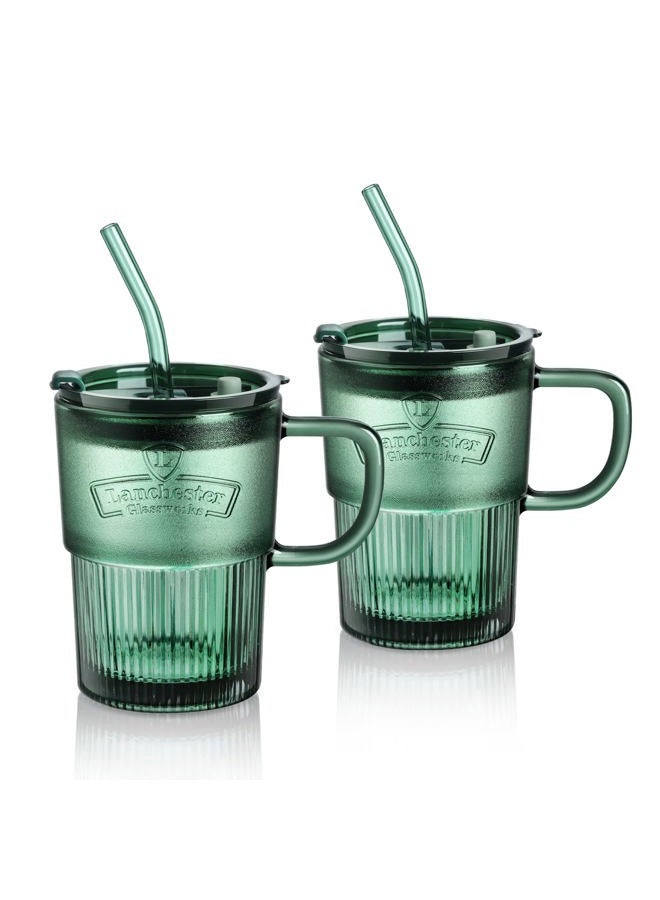Joeyan Glass Coffee Cups Tumbler with Handle Lid and Straw,Smoothie Iced Tea Glasses Mug,Green Colored Drinking Jar for Water Juice Beverages Soda Milk,15oz,Set of 2,Dishwasher Safe  - Image 1