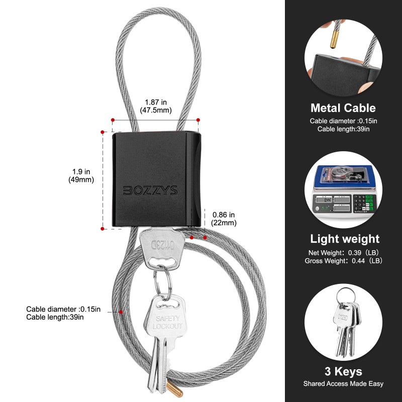 Bozzys Adjustable Cable Padlock With 3 Keys | L 1.15Ft X D 1/6In Aluminum Steel Cable Locks For Bikes  Gate  Lockers & Outdoor Gear | Keyed Different & Black - Image 2