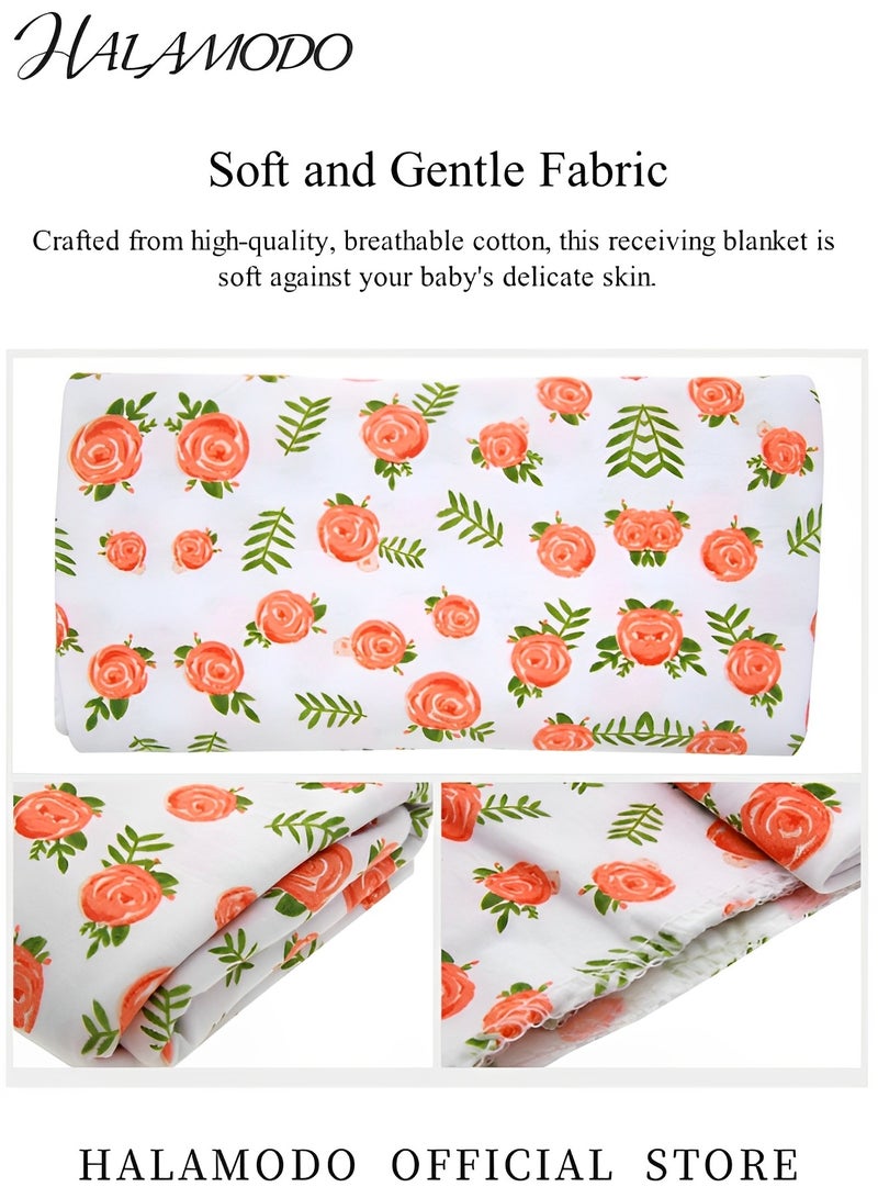 هالامودو طقم بطانية استقبال حديثي الولادة مع عصابة رأس بطبعة زهور، طقم بطانية استقبال حديثي الولادة مع عصابة رأس متناسقة - Image 2