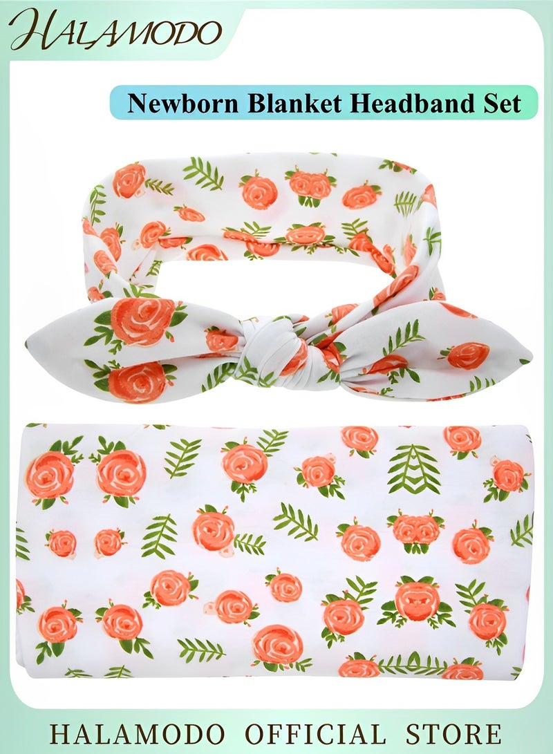 هالامودو طقم بطانية استقبال حديثي الولادة مع عصابة رأس بطبعة زهور، طقم بطانية استقبال حديثي الولادة مع عصابة رأس متناسقة - Image 1