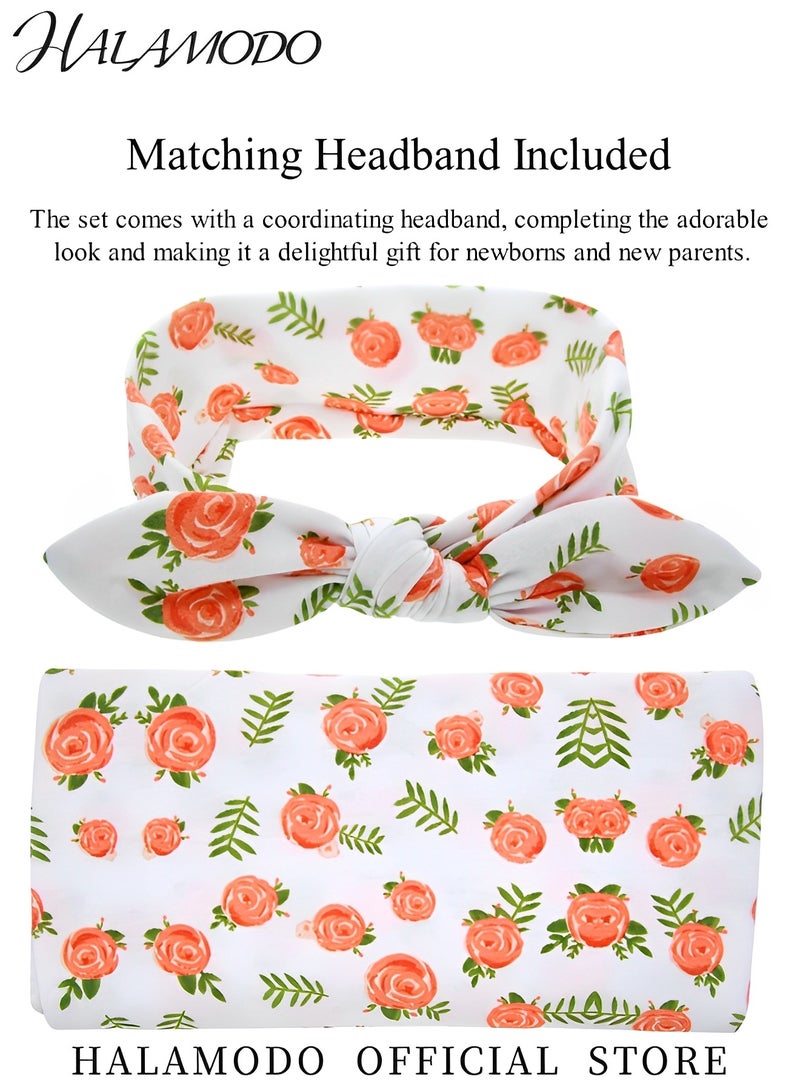 هالامودو طقم بطانية استقبال حديثي الولادة مع عصابة رأس بطبعة زهور، طقم بطانية استقبال حديثي الولادة مع عصابة رأس متناسقة - Image 3