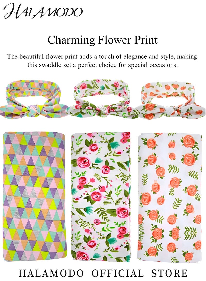 هالامودو طقم بطانية استقبال حديثي الولادة مع عصابة رأس بطبعة زهور، طقم بطانية استقبال حديثي الولادة مع عصابة رأس متناسقة - Image 4