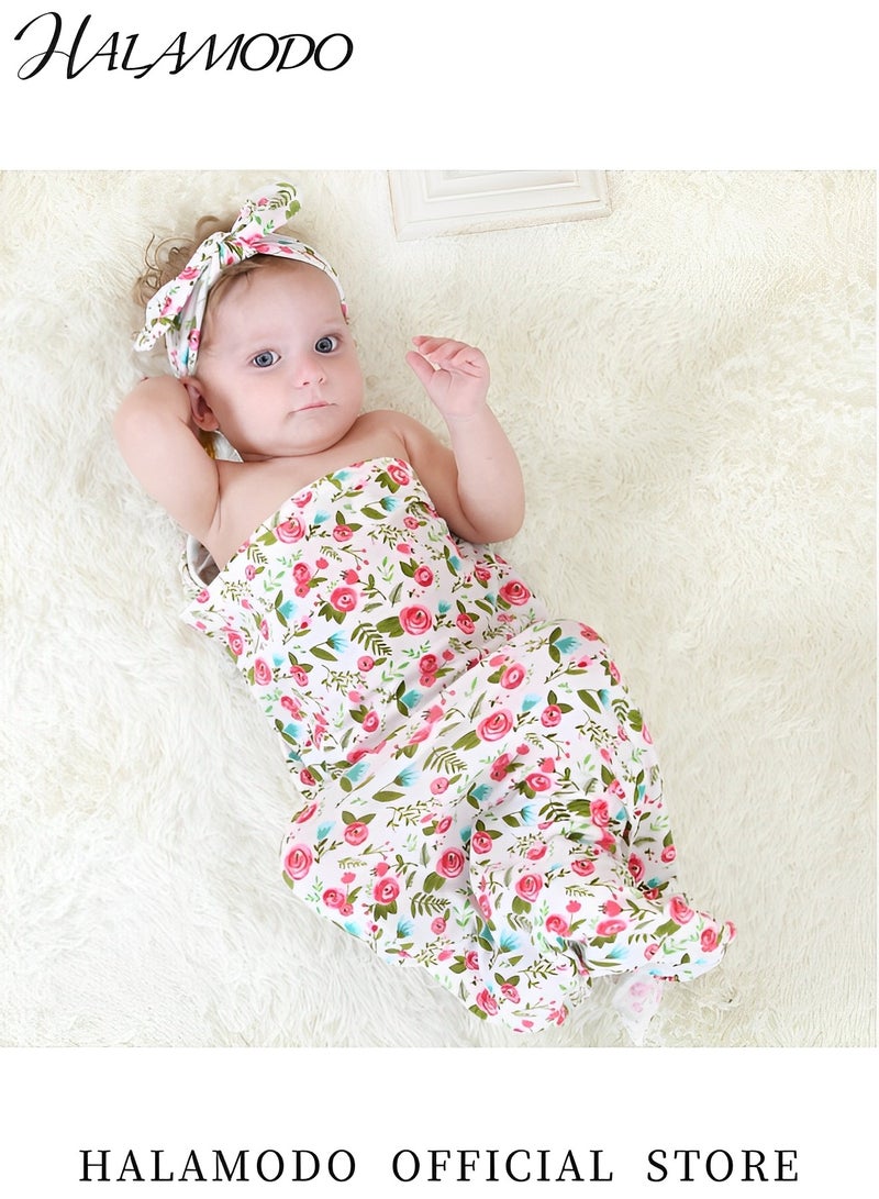 هالامودو طقم بطانية استقبال حديثي الولادة مع عصابة رأس بطبعة زهور، طقم بطانية استقبال حديثي الولادة مع عصابة رأس متناسقة - Image 5