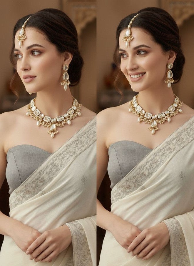 LUCKY JEWELLERY 18k Gold-Plated Meenakari Kundan-Studded & Beaded Jewellery Set - Image 3