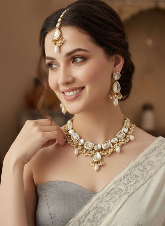 LUCKY JEWELLERY 18k Gold-Plated Meenakari Kundan-Studded & Beaded Jewellery Set - Image 2