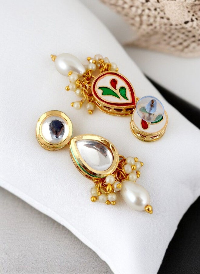 LUCKY JEWELLERY 18k Gold-Plated Meenakari Kundan-Studded & Beaded Jewellery Set - Image 5