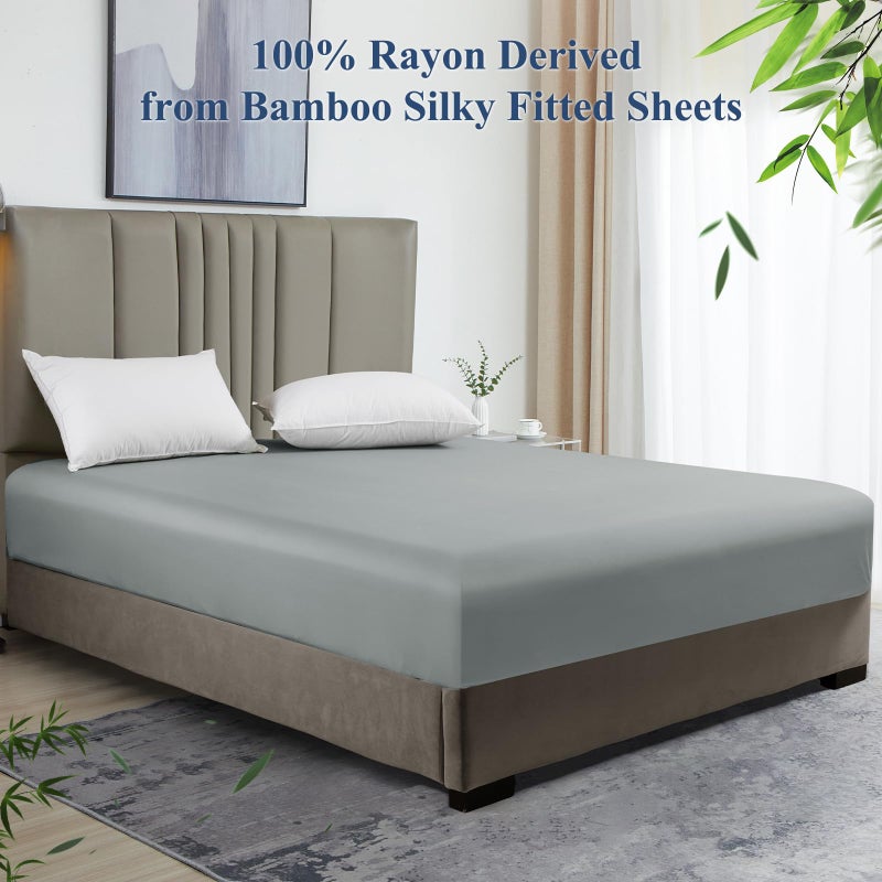 David's Home David's Home Summer Cooling Fitted Sheet King Size  100% Rayon Derived from Bamboo  16"" Deep Pocket 2.5cm Wider Elastic  Luxury Smooth Silky Soft Breathable Bottom Sheet for Hot Sleeper  Grey  - Image 2