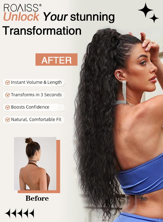 رويس وصلة ذيل حصان مجعدة بطول 30 بوصة، ذيل حصان صناعي مموج للاستخدام اليومي في الحفلات، وصلة ذيل حصان من الشعر المجعد والمتموج الطويل، مشبك مخلب الفك، شعر مستعار طبيعي منفوش مع رباط للنساء - Image 2