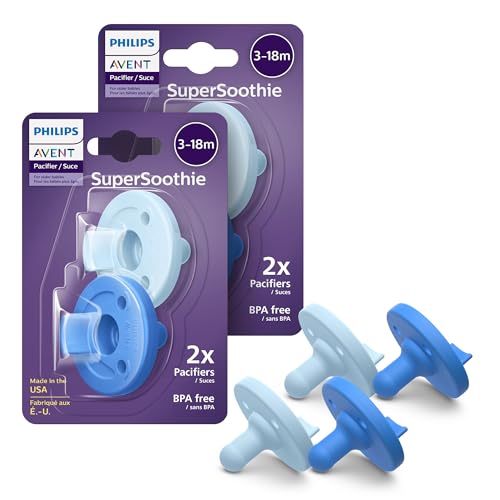 Philips Avent Soothie Orthodontic Baby Pacifiers 100 Silicone Pacifiers One Piece BPAFree for Babies 318 Months 2 Sky Blue and 2 Light Blue 4 Pack Model SCF19271
