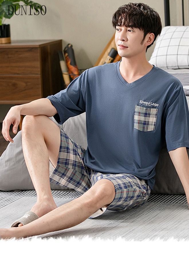 DUNISO Men's Comfortable Pajamas Set Men Classic Short Sleeve Sleepwear 2-Piece Pajama Set Men's Modal Short-Sleeved T-Shirt Short Pants For Loose Casual Home Wear Pure Color - Image 5