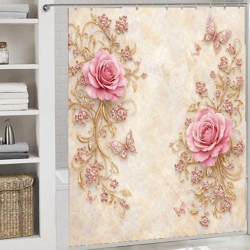 Pink Roses and Butterflies on Ornate Gold vinesShower Curtain for Bathroom Waterproof Tan Shower Curtain with Hooks 71 inch x 71 inch - Image 2
