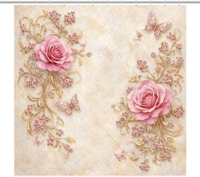 Pink Roses and Butterflies on Ornate Gold vinesShower Curtain for Bathroom Waterproof Tan Shower Curtain with Hooks 71 inch x 71 inch - Image 1