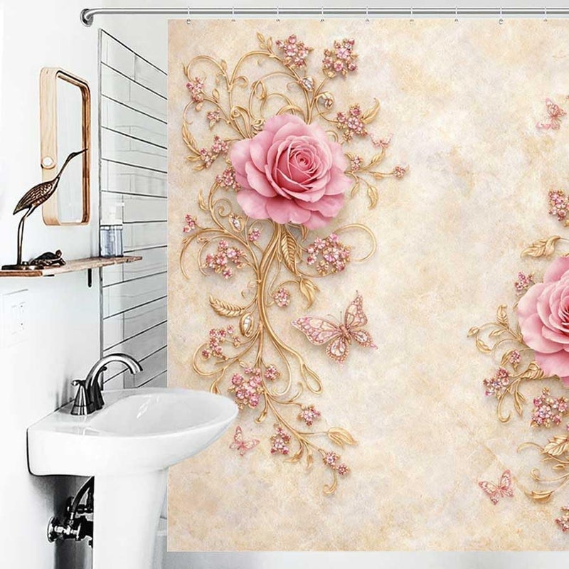 Pink Roses and Butterflies on Ornate Gold vinesShower Curtain for Bathroom Waterproof Tan Shower Curtain with Hooks 71 inch x 71 inch - Image 4