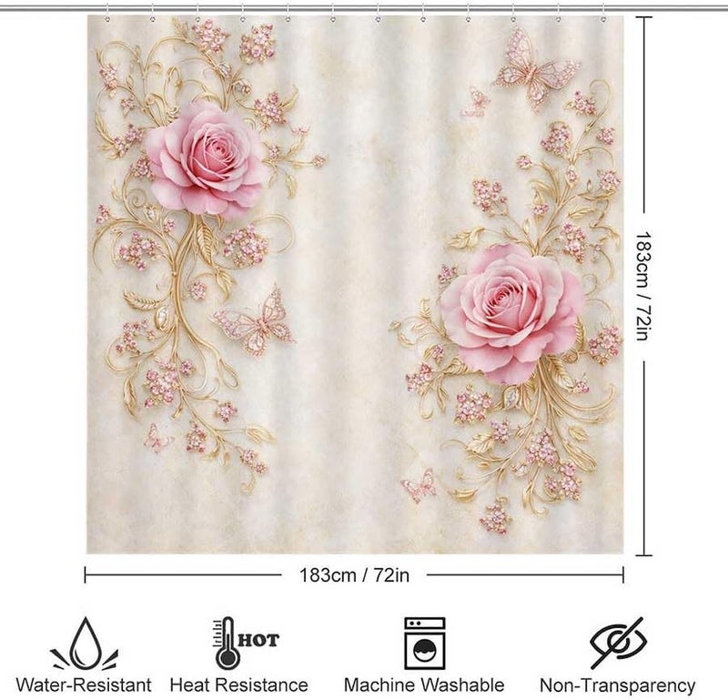 Pink Roses and Butterflies on Ornate Gold vinesShower Curtain for Bathroom Waterproof Tan Shower Curtain with Hooks 71 inch x 71 inch - Image 3