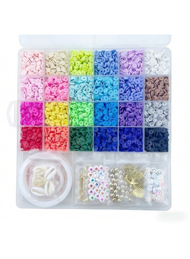 Uthriyya 6000+ Clay Beads for Bracelet Making Kit - DIY Jewelry Set with Pendant Charms, Elastic Strings, 24 Colors Flat Preppy Beads for Bracelets, Necklace, Earrings - Image 1