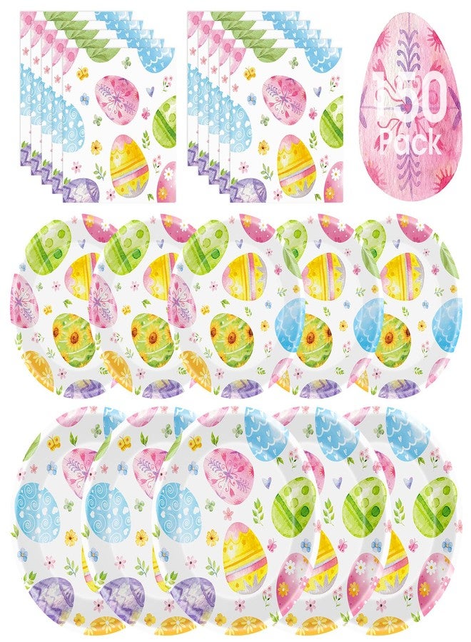 Litmitfu 150 Pack Happy Easter Plates and Napkins Sets - Disposable Spring Paper Plates Napkins Dinnerware, Watercolor Easters Eggs Dessert Dinner Plate for Easter Party Supplies Table Decorations, Serve 50 - Image 1