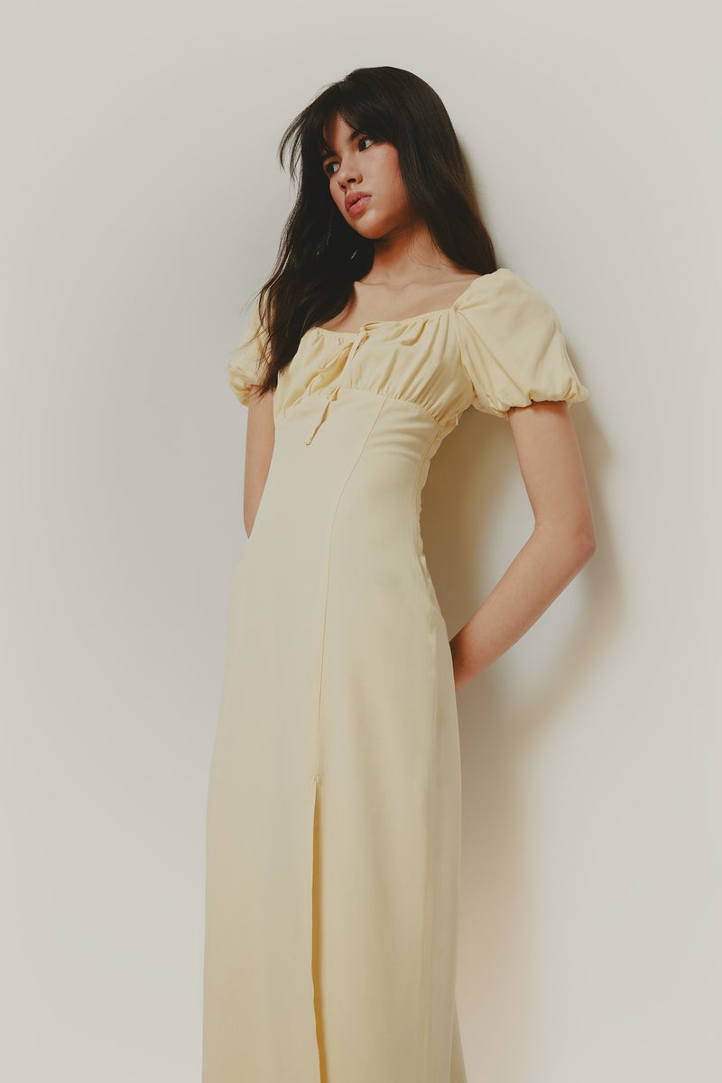 DeFacto Yellow Woman A Cut V Neck Linen Blend Short Sleeve Midi Dress Casual - Image 2
