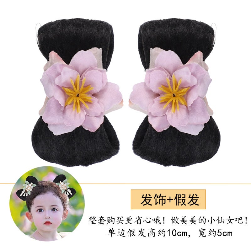 Generic Childrens Hanfu wig bag daily ancient costume bow bun ancient style wig girls hair accessories Headdress Ball head K84 light purple two + VP058 wigs