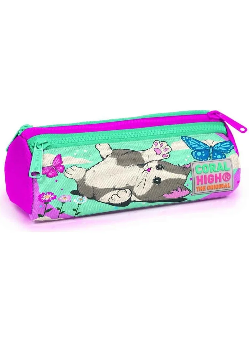 كورال هاي Kids Three Compartment Pencil Case Water Green Pink Cat Pattern 22007