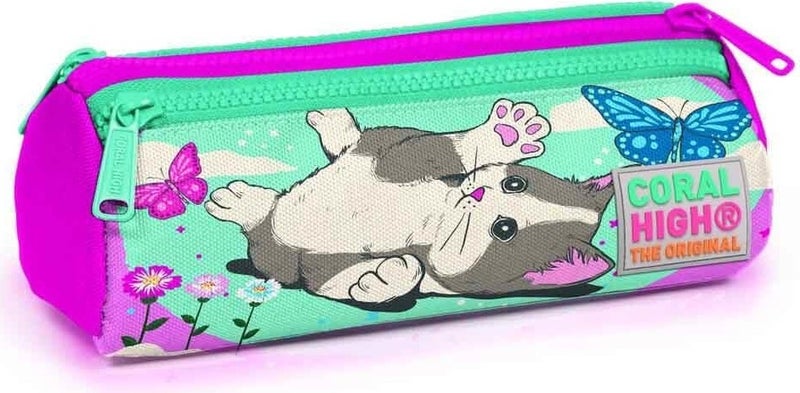 CORAL HIGH Kids Three Compartment Pencil Case Water Green Pink Cat Pattern 22007  - Image 1