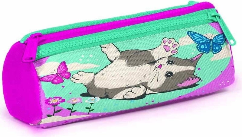 CORAL HIGH Kids Three Compartment Pencil Case Water Green Pink Cat Pattern 22007  - Image 3