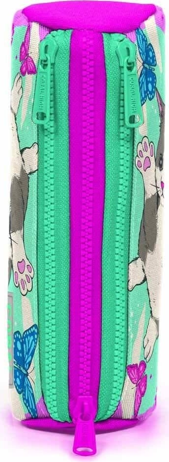 CORAL HIGH Kids Three Compartment Pencil Case Water Green Pink Cat Pattern 22007  - Image 4