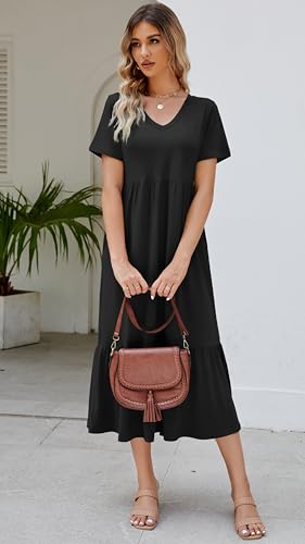 Jeqeocafy Women's 2026 Summer Short Sleeve V Neck Swing Dress Flowy Tiered Maxi Beach Sundress with Pockets Black - Image 2