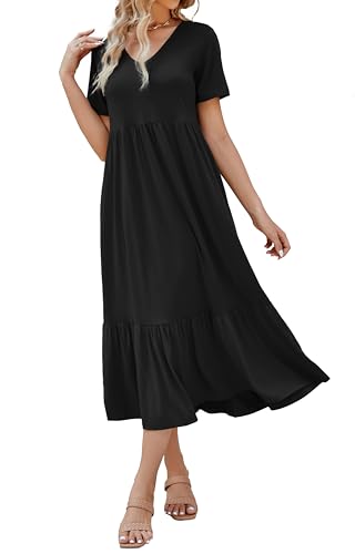 Jeqeocafy Women's 2026 Summer Short Sleeve V Neck Swing Dress Flowy Tiered Maxi Beach Sundress with Pockets Black - Image 1
