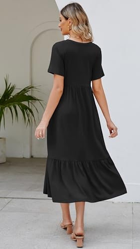 Jeqeocafy Women's 2026 Summer Short Sleeve V Neck Swing Dress Flowy Tiered Maxi Beach Sundress with Pockets Black - Image 5