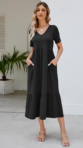 Jeqeocafy Women's 2026 Summer Short Sleeve V Neck Swing Dress Flowy Tiered Maxi Beach Sundress with Pockets Black - Image 4
