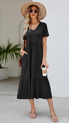 Jeqeocafy Women's 2026 Summer Short Sleeve V Neck Swing Dress Flowy Tiered Maxi Beach Sundress with Pockets Black - Image 3
