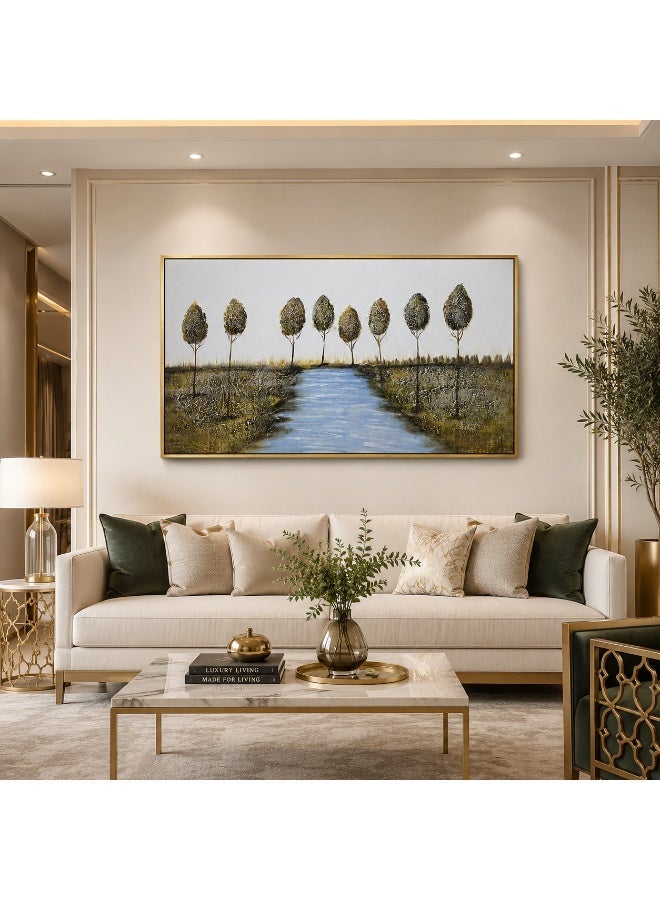 لوحة جدارية فاخرة للمناظر الطبيعية، مقاس 120 × 80 سم، تصور شجرة على ضفاف نهر، مع إطار معدني ذهبي، عمل فني ثلاثي الأبعاد بنسيج بارز، مناسب لغرفة المعيشة وغرفة النوم وغرفة الطعام وديكور المنزل - Image 1
