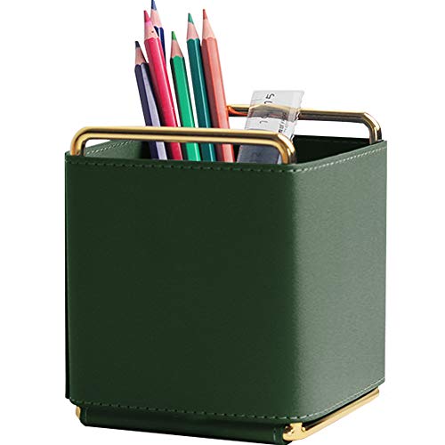 Kelendle Leather Pencil Holder Desktop Organizer Iron Art Desktop Makeup Brush Remote Control Storage Box Office Pen Holder for Desk Green - Image 1