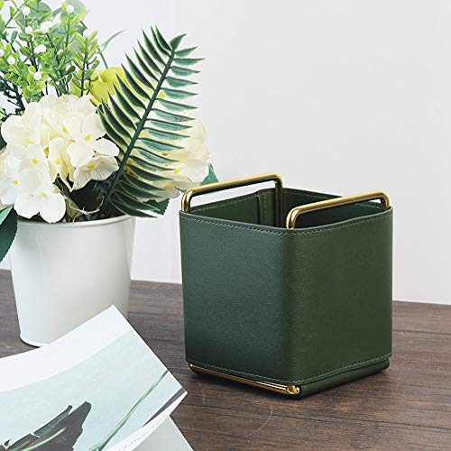 Kelendle Leather Pencil Holder Desktop Organizer Iron Art Desktop Makeup Brush Remote Control Storage Box Office Pen Holder for Desk Green - Image 2